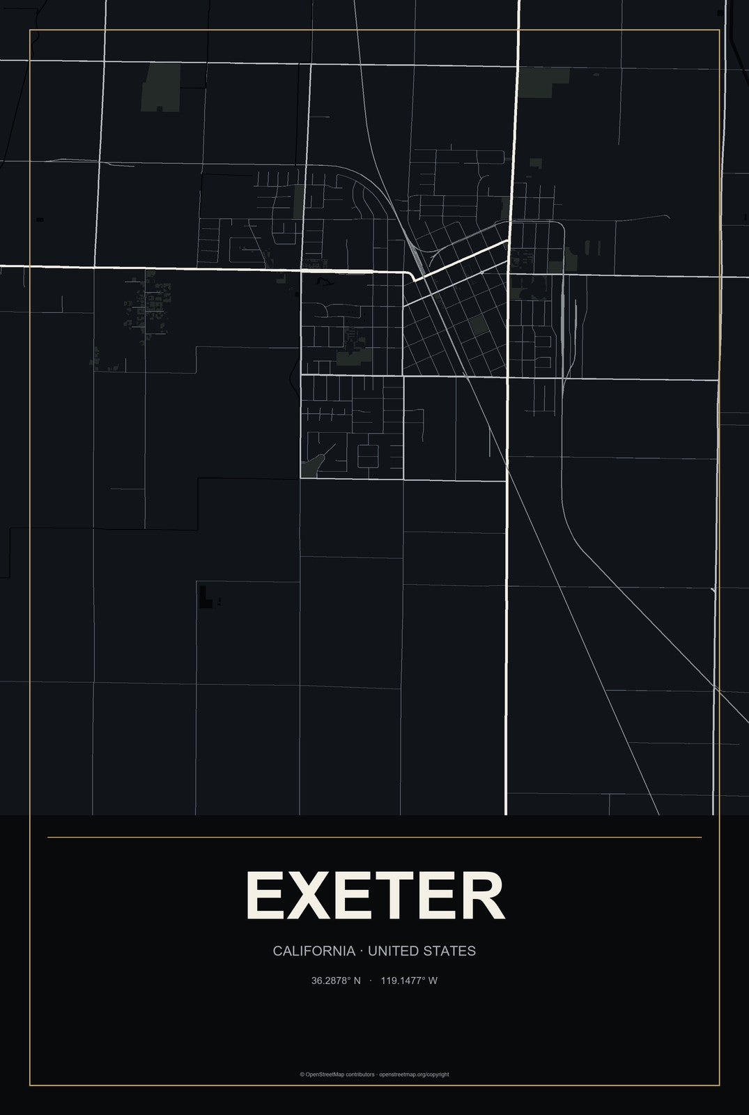 Exeter, California City Map Aluminum Sign in Metropolitan Noir style