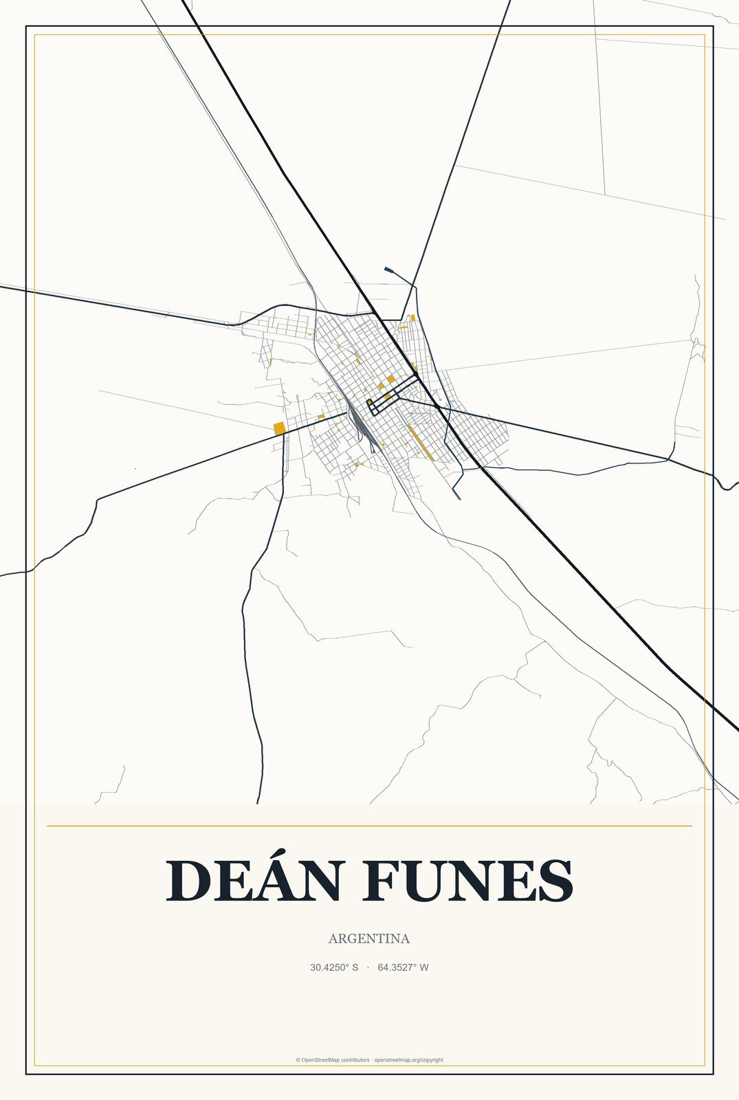 Deán Funes, Argentina City Map Aluminum Sign in Citrine Modern style