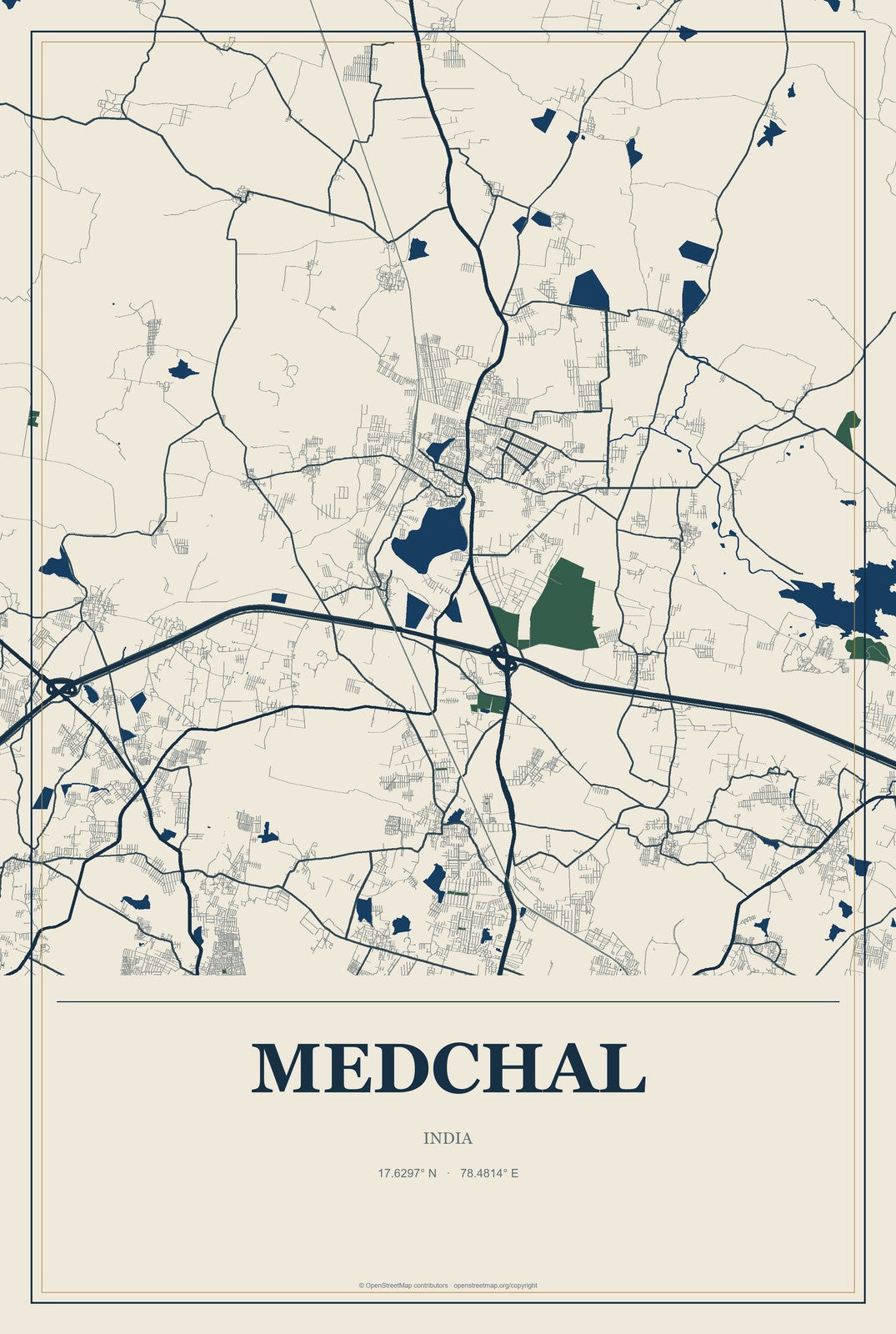 Medchal, India City Map Aluminum Sign in Coastal Cutout style