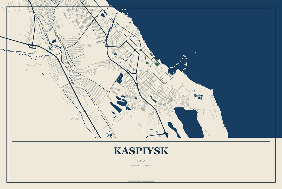 Kaspiysk, Russia City Map Aluminum Sign in Coastal Cutout style