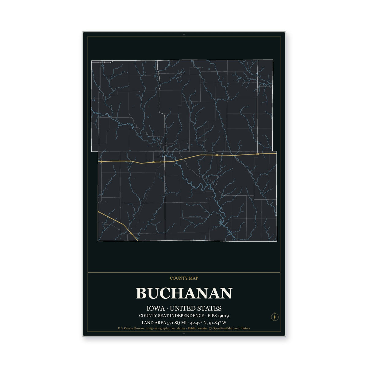 Buchanan County, Iowa Map Aluminum Sign in Metropolitan Noir style