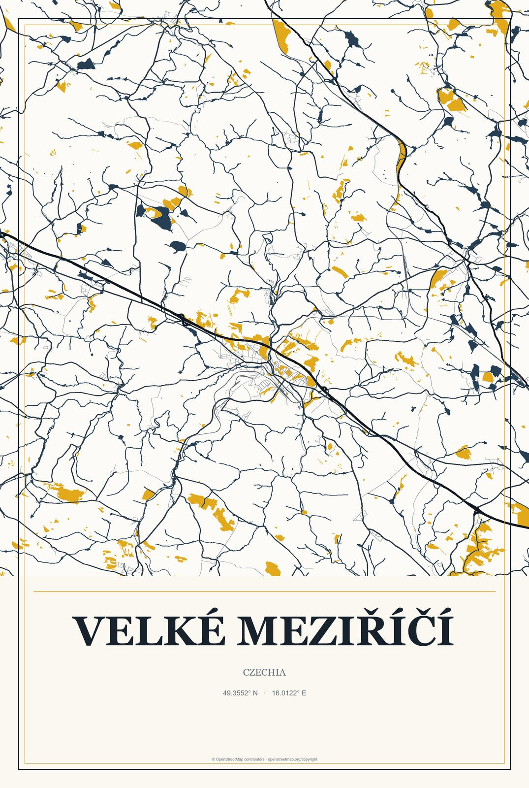 Velké Meziříčí, Czechia City Map Aluminum Sign in Citrine Modern style