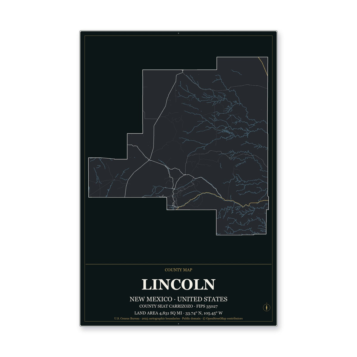 Lincoln County, New Mexico Map Aluminum Sign in Metropolitan Noir style