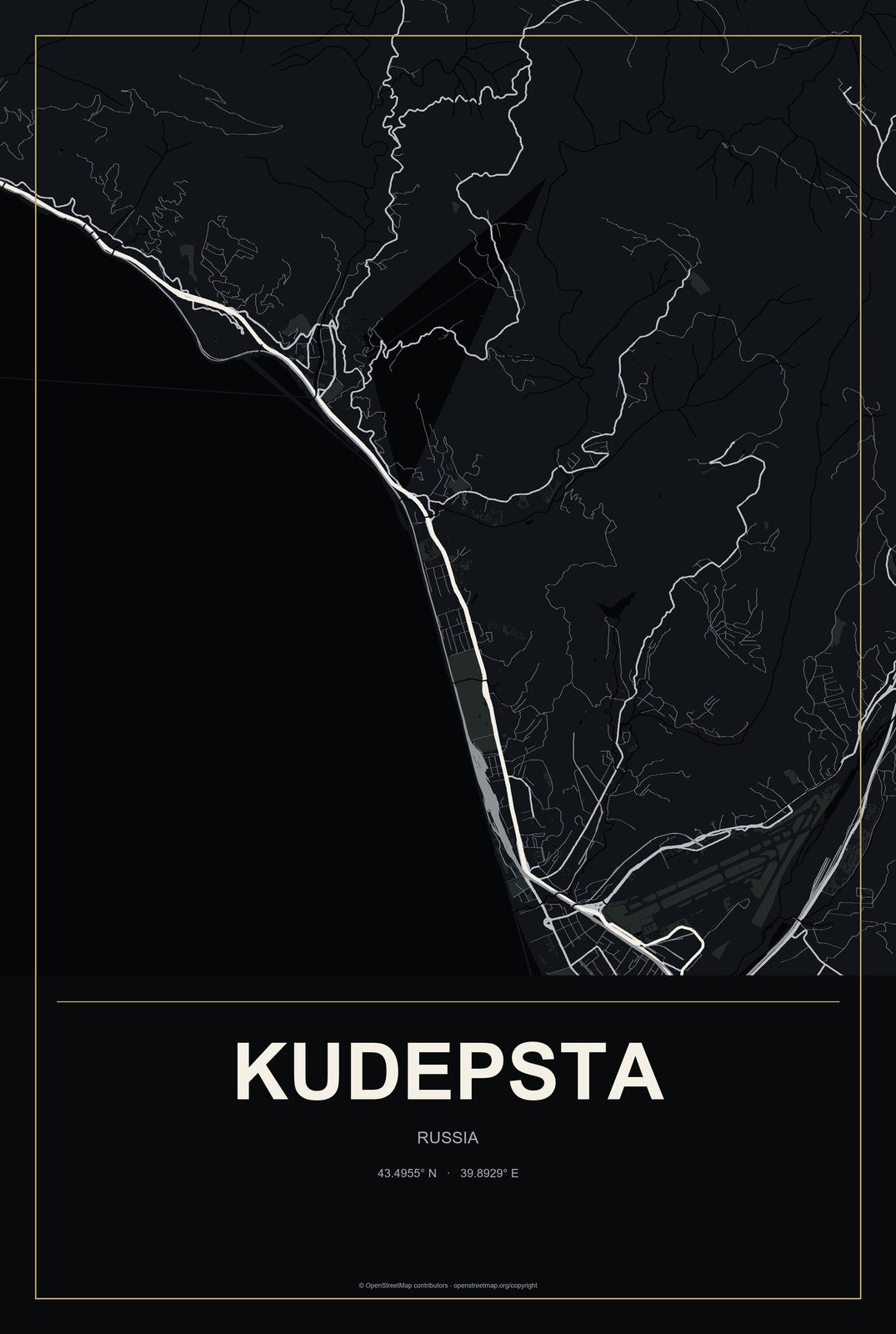 Kudepsta, Russia City Map Aluminum Sign in Metropolitan Noir style