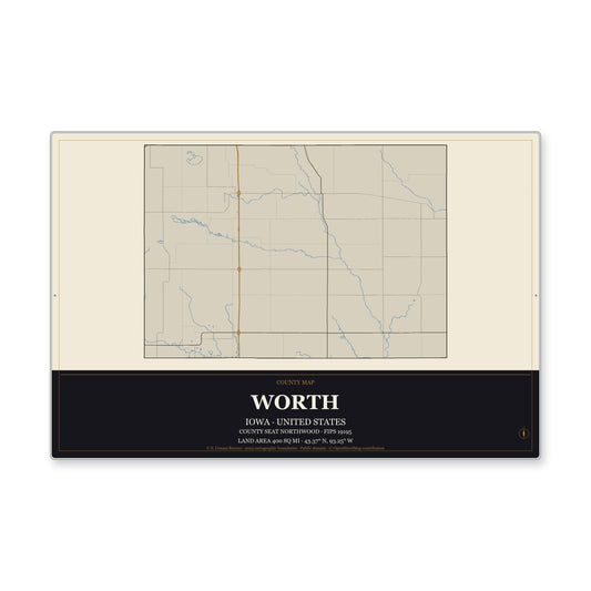Worth County, Iowa Map Aluminum Sign in Museum Plaque style