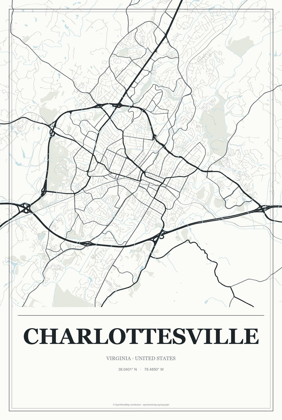 Charlottesville, Virginia City Map Aluminum Sign in Gallery Air style