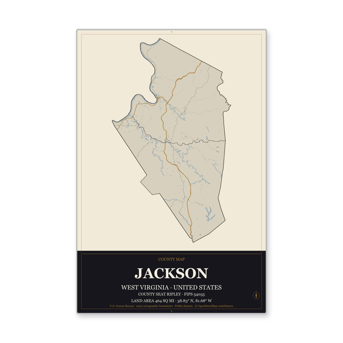 Jackson County, West Virginia Map Aluminum Sign in Museum Plaque style