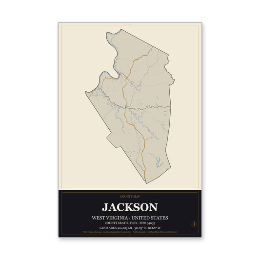 Jackson County, West Virginia Map Aluminum Sign in Museum Plaque style