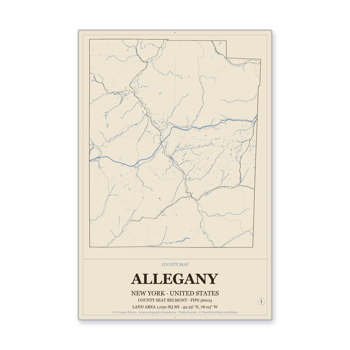 Allegany County, New York Map Aluminum Sign in Heritage Nautical style