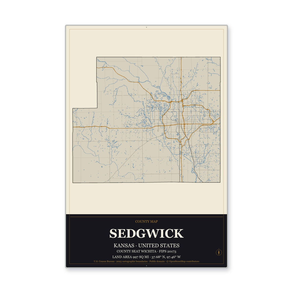 Sedgwick County, Kansas Map Aluminum Sign in Museum Plaque style