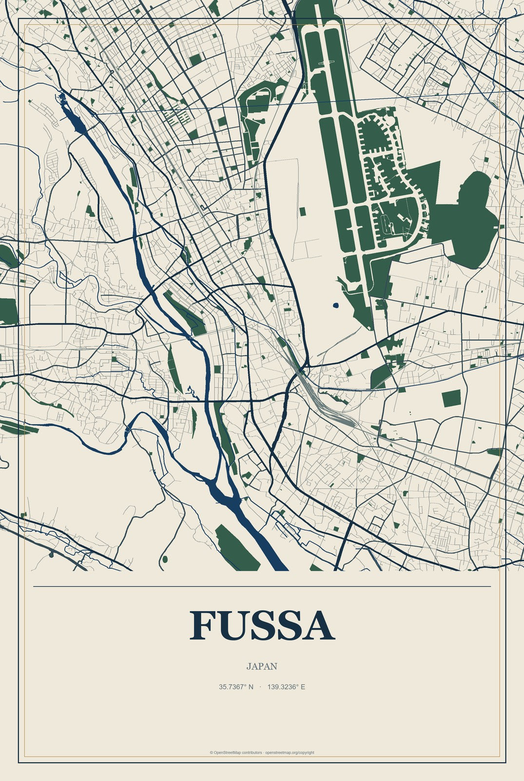 Fussa, Japan City Map Aluminum Sign in Coastal Cutout style