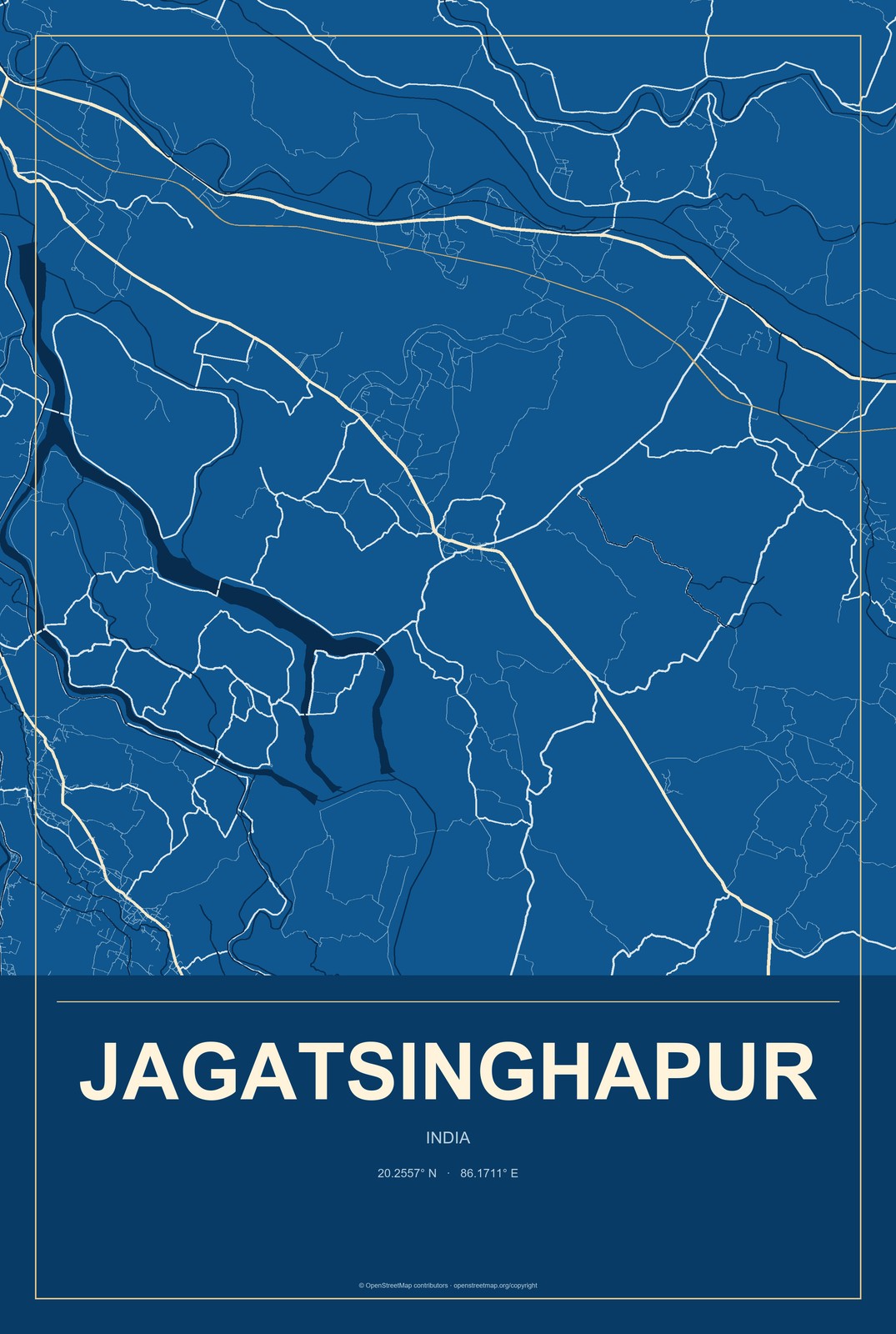 Jagatsinghapur, India City Map Aluminum Sign in Harbor Cobalt style