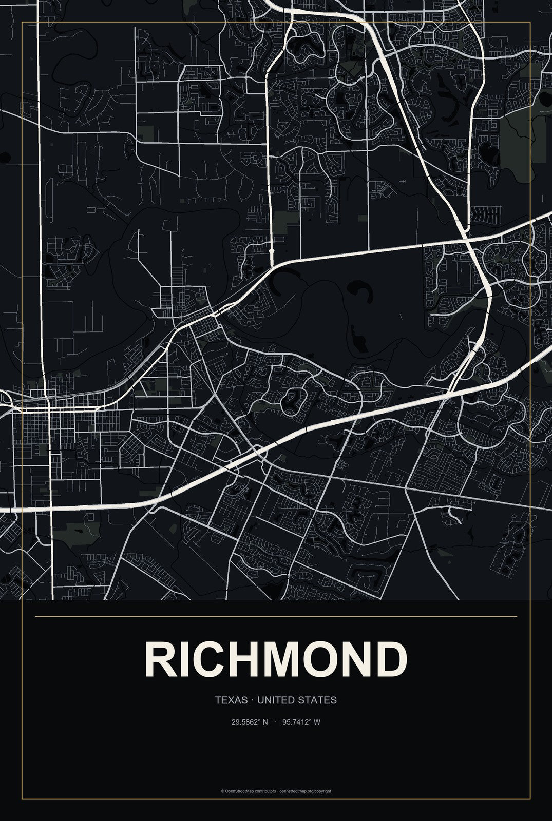 Richmond, Texas City Map Aluminum Sign in Metropolitan Noir style