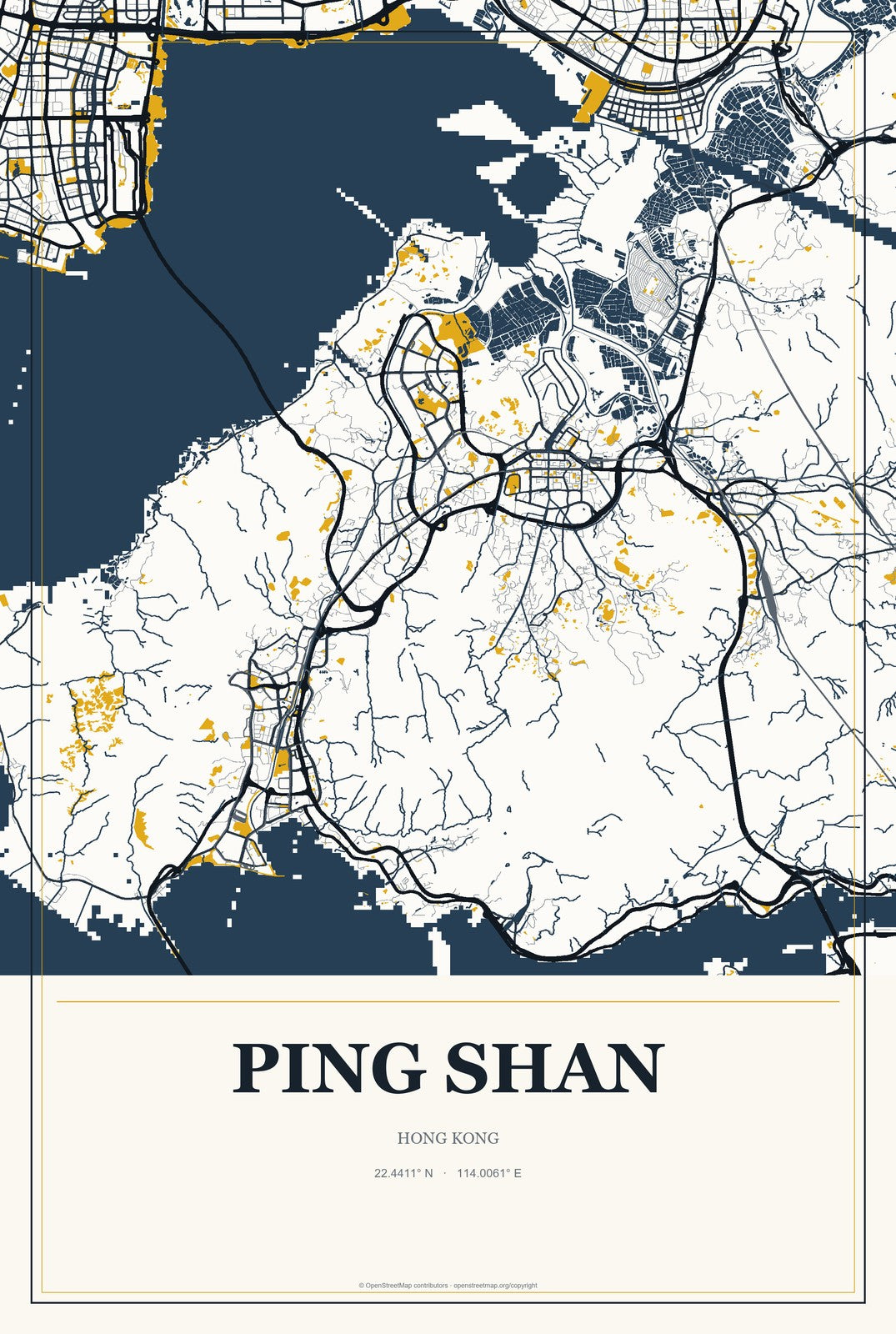 Ping Shan, Hong Kong City Map Aluminum Sign in Citrine Modern style