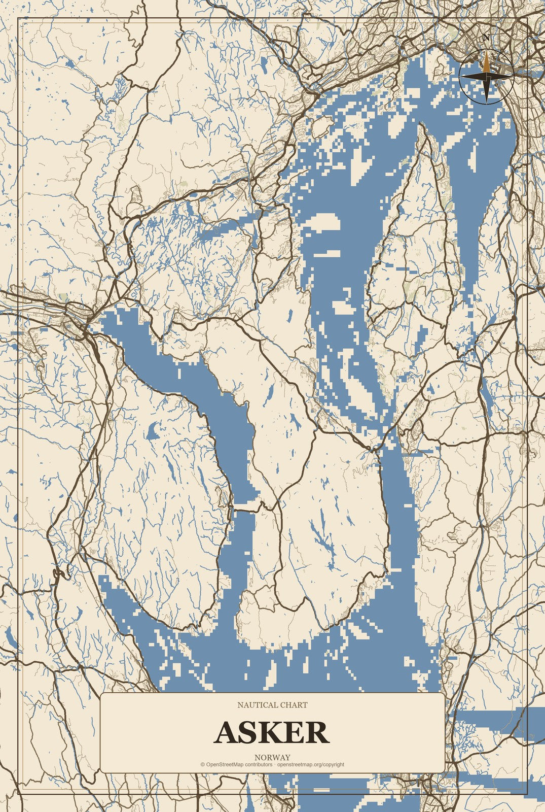 Asker, Norway City Map Aluminum Sign in Heritage Nautical style