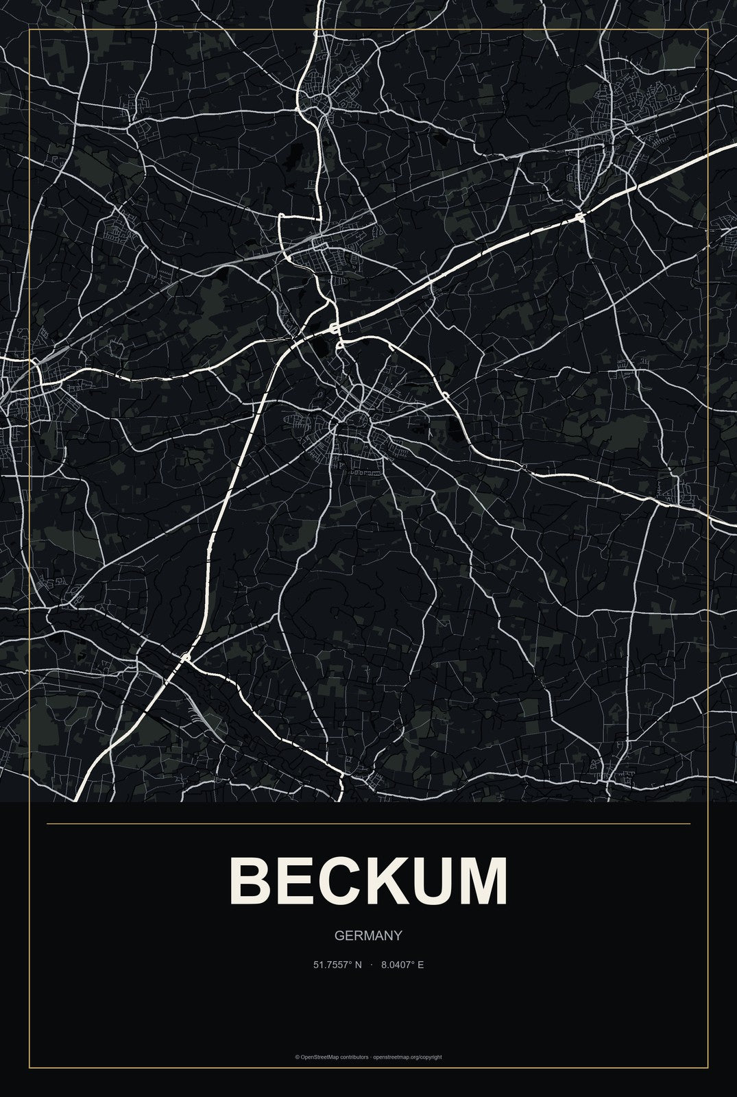 Beckum, Germany City Map Aluminum Sign in Metropolitan Noir style