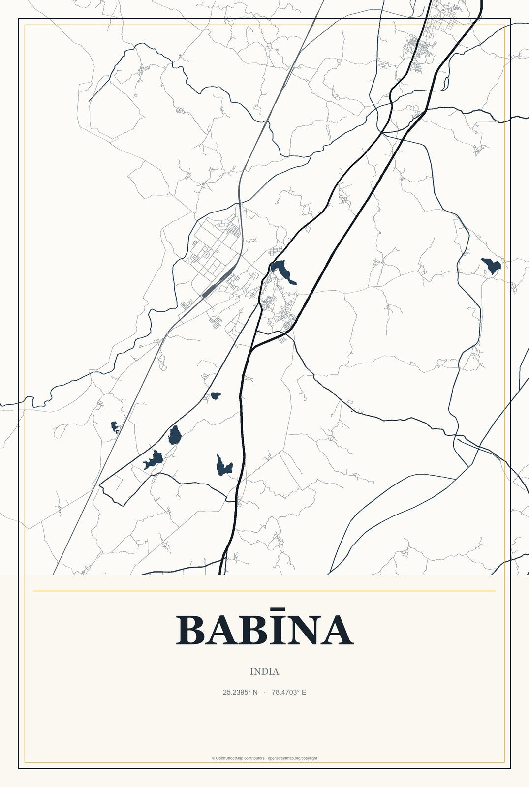 Babīna, India City Map Aluminum Sign in Citrine Modern style