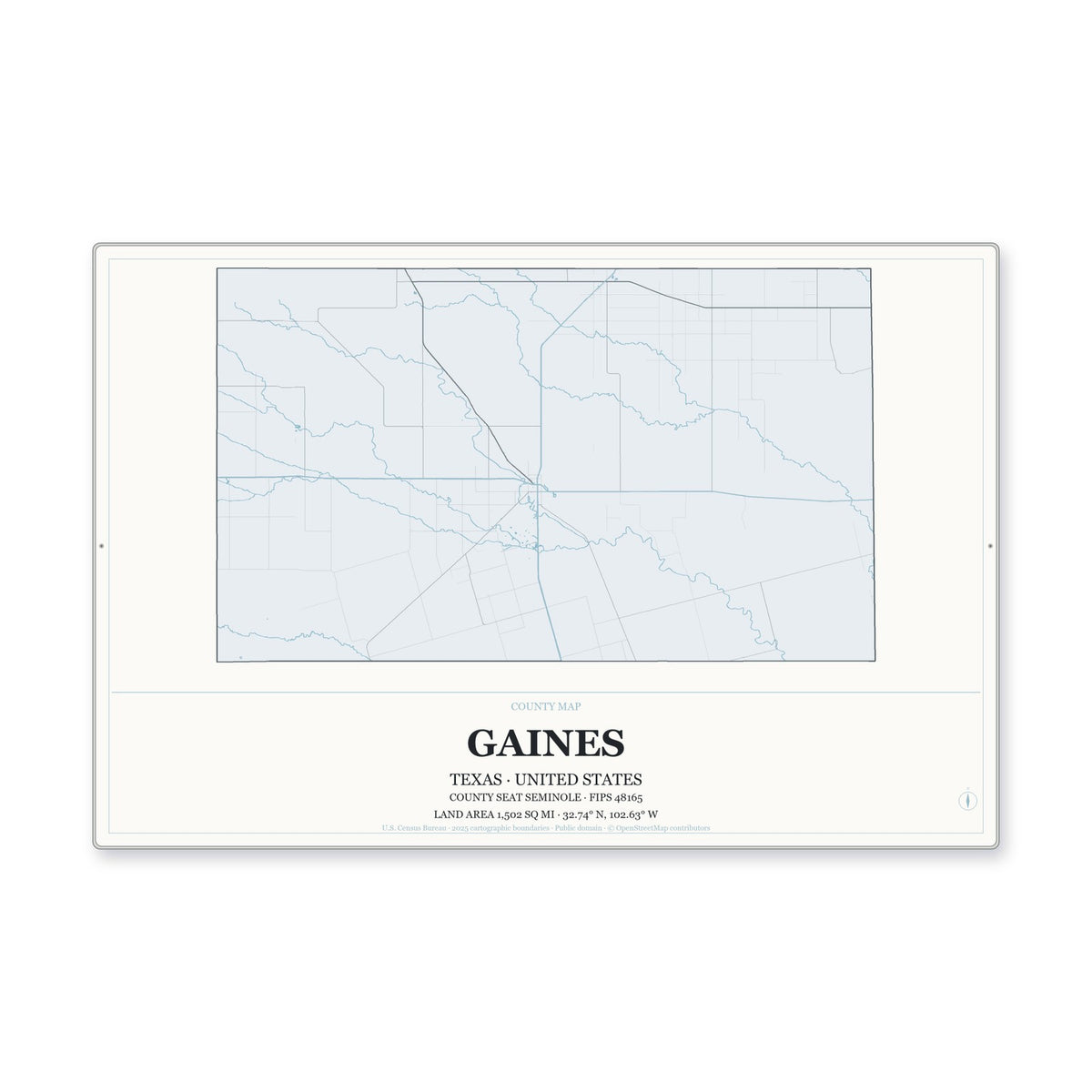 Gaines County, Texas Map Aluminum Sign in Gallery Air style