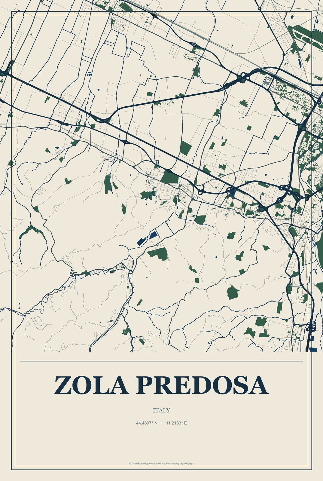 Zola Predosa, Italy City Map Aluminum Sign in Coastal Cutout style