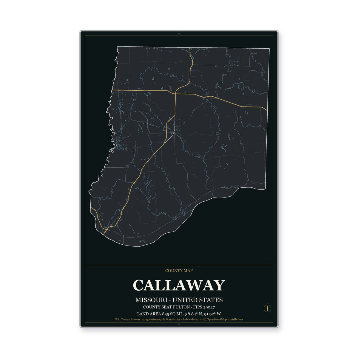 Callaway County, Missouri Map Aluminum Sign in Metropolitan Noir style