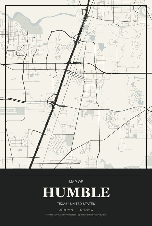 Humble, Texas City Map Aluminum Sign in Museum Plaque style