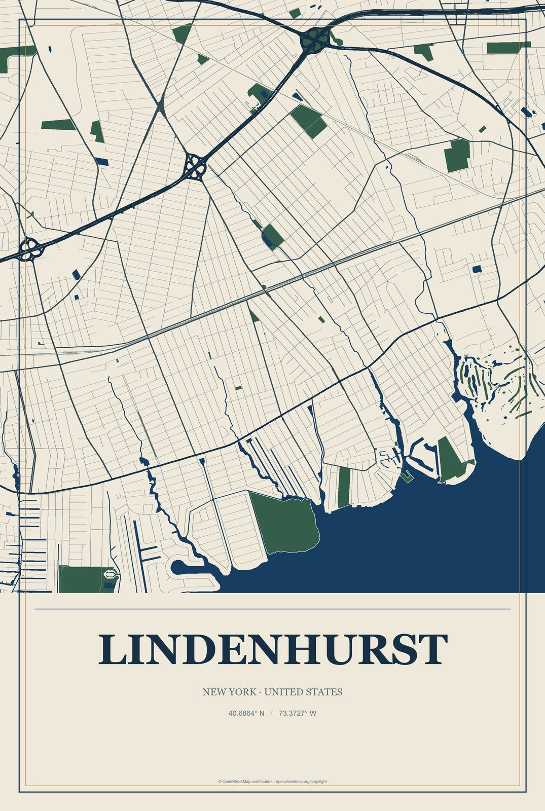 Lindenhurst, New York City Map Aluminum Sign in Coastal Cutout style
