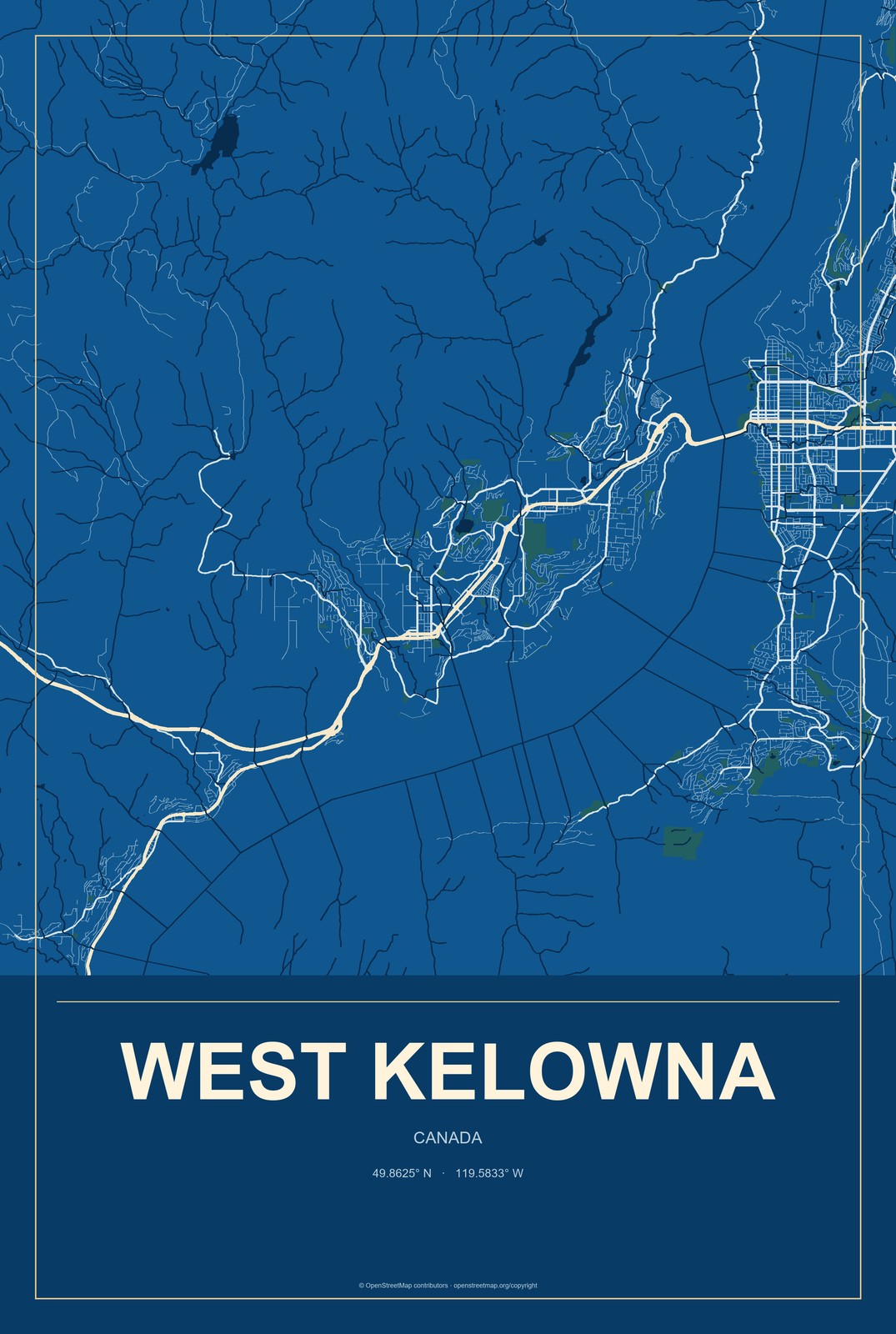 West Kelowna, Canada City Map Aluminum Sign in Harbor Cobalt style