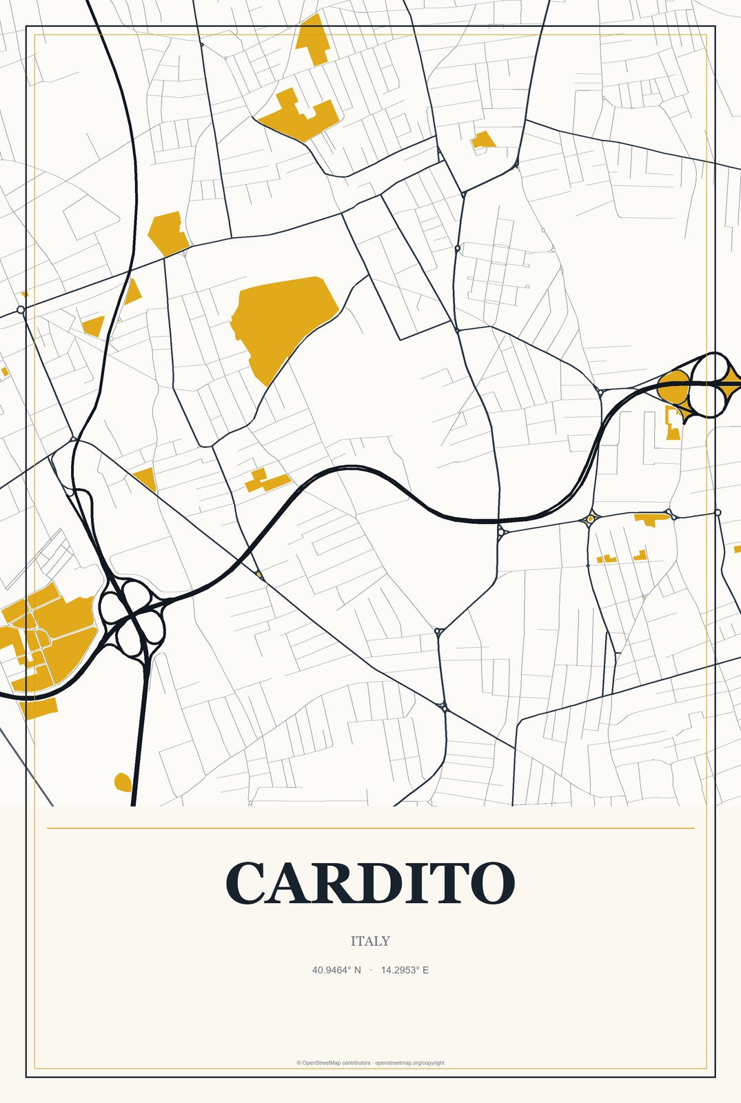 Cardito, Italy City Map Aluminum Sign in Citrine Modern style