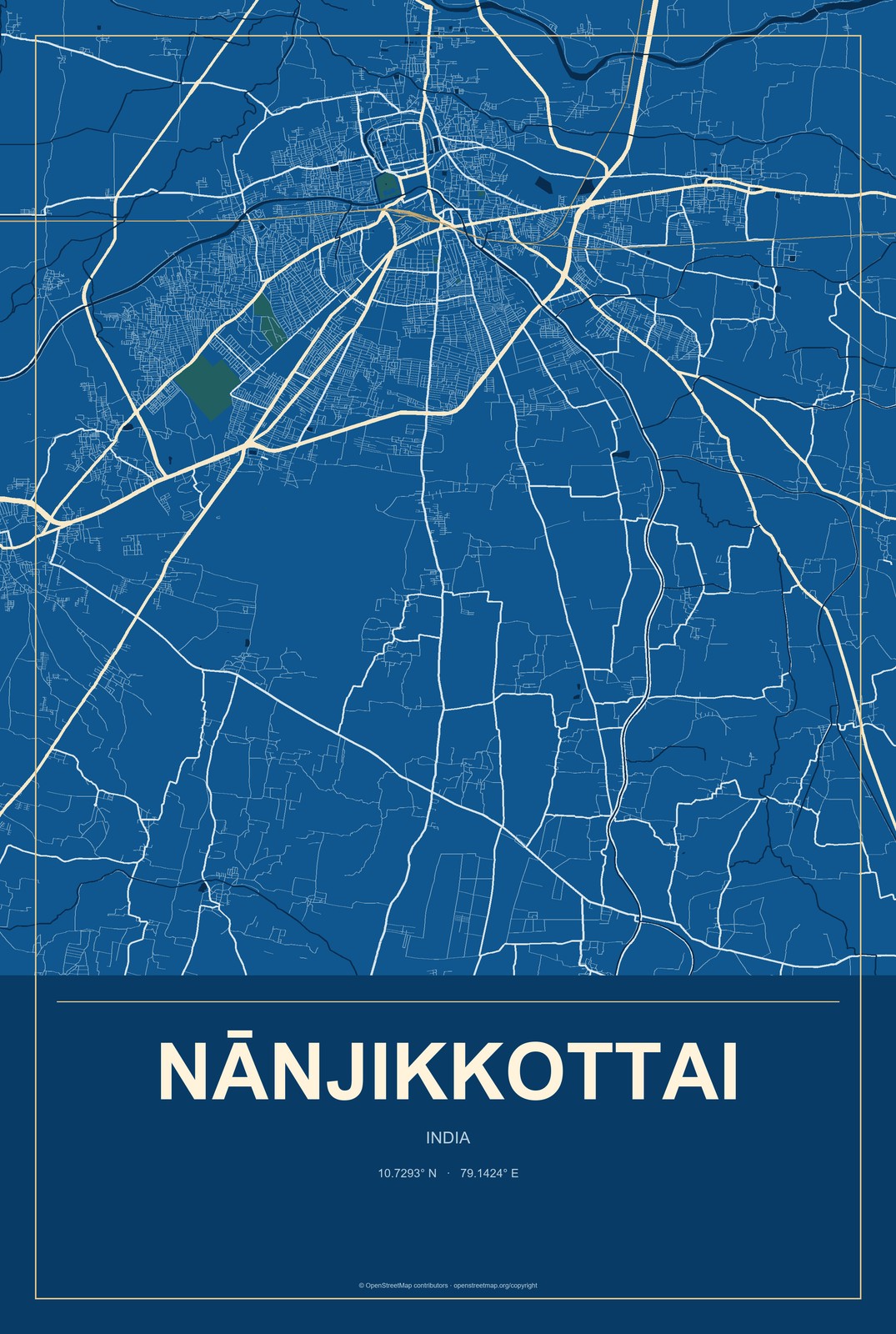 Nānjikkottai, India City Map Aluminum Sign in Harbor Cobalt style