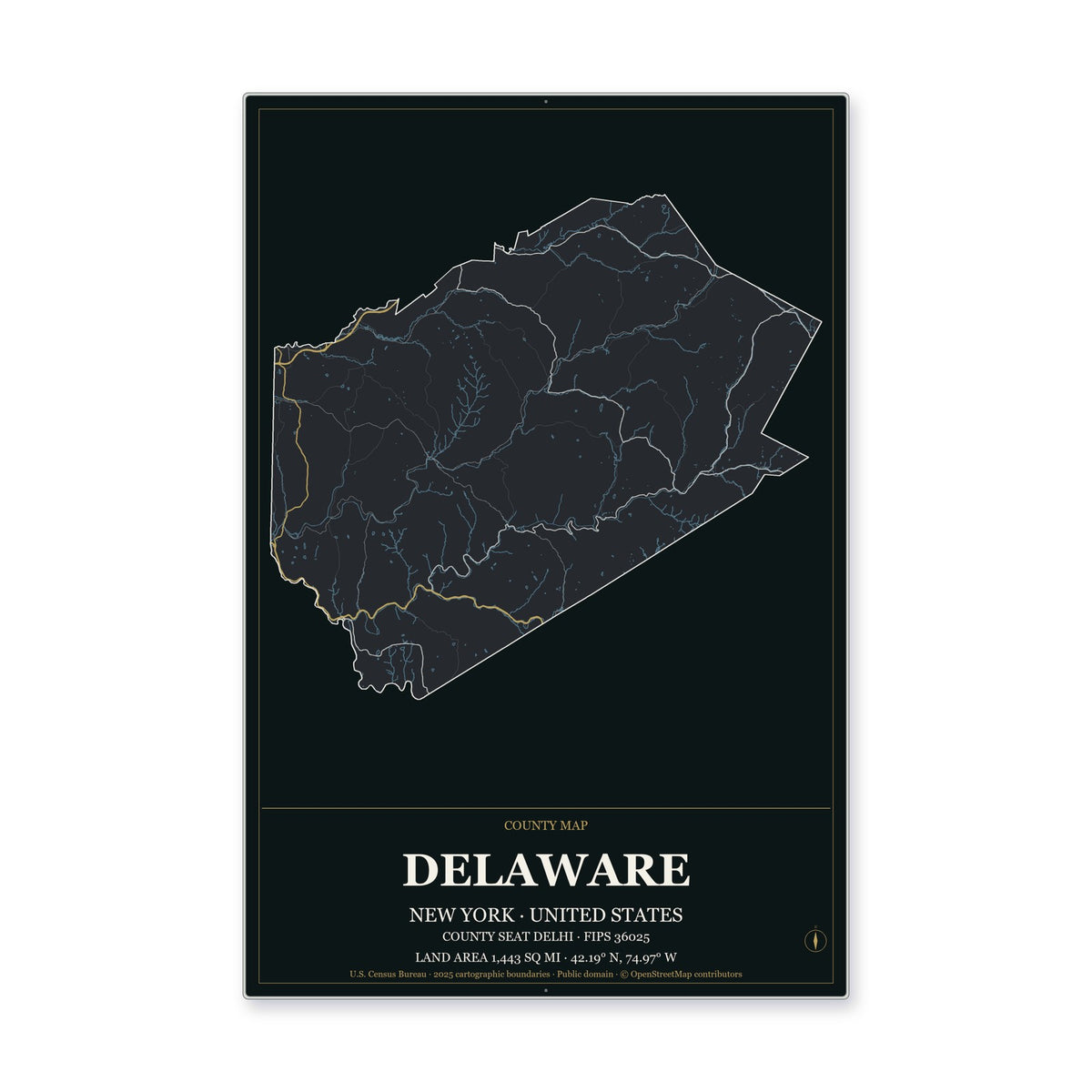 Delaware County, New York Map Aluminum Sign in Metropolitan Noir style
