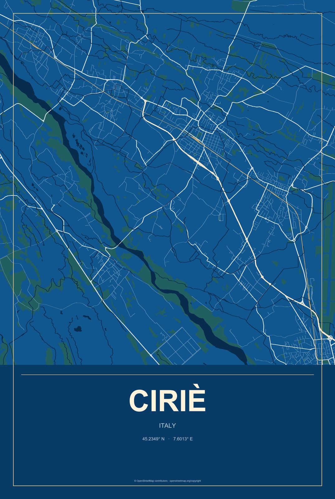 Ciriè, Italy City Map Aluminum Sign in Harbor Cobalt style