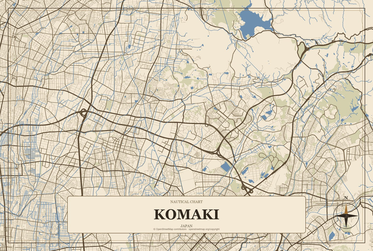 Komaki, Japan City Map Aluminum Sign in Heritage Nautical style
