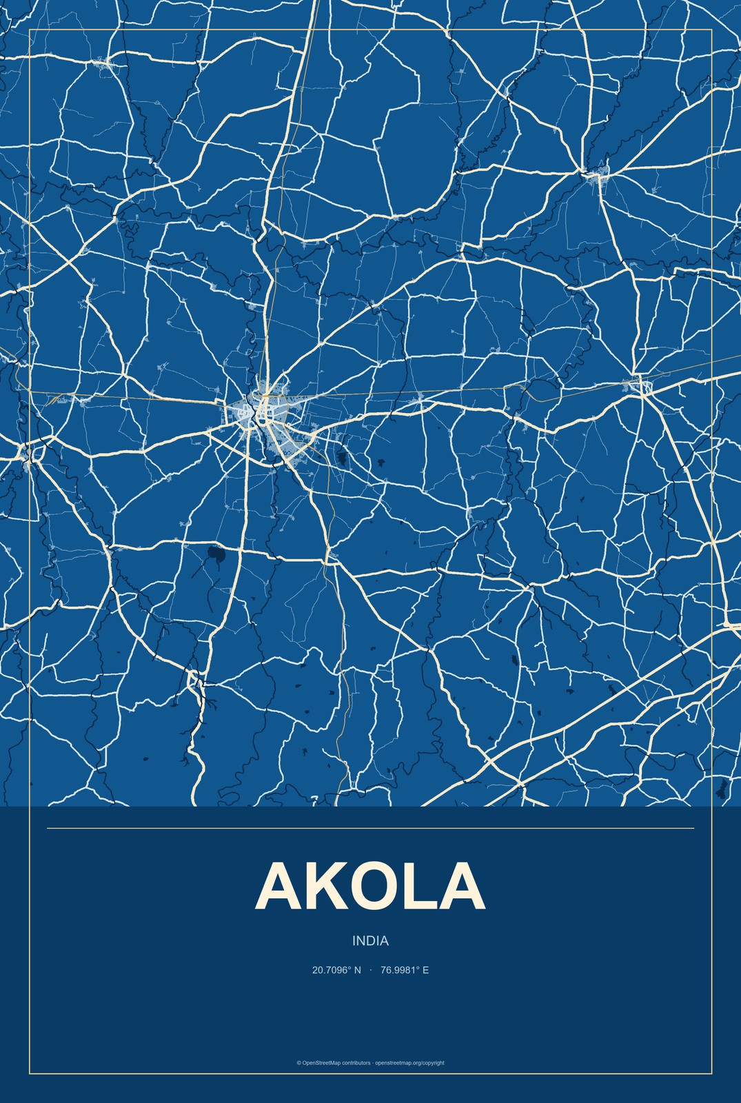 Akola, India City Map Aluminum Sign in Harbor Cobalt style