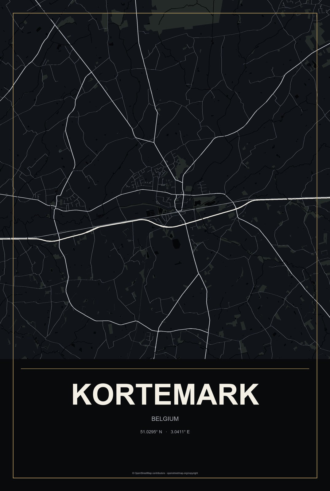 Kortemark, Belgium City Map Aluminum Sign in Metropolitan Noir style