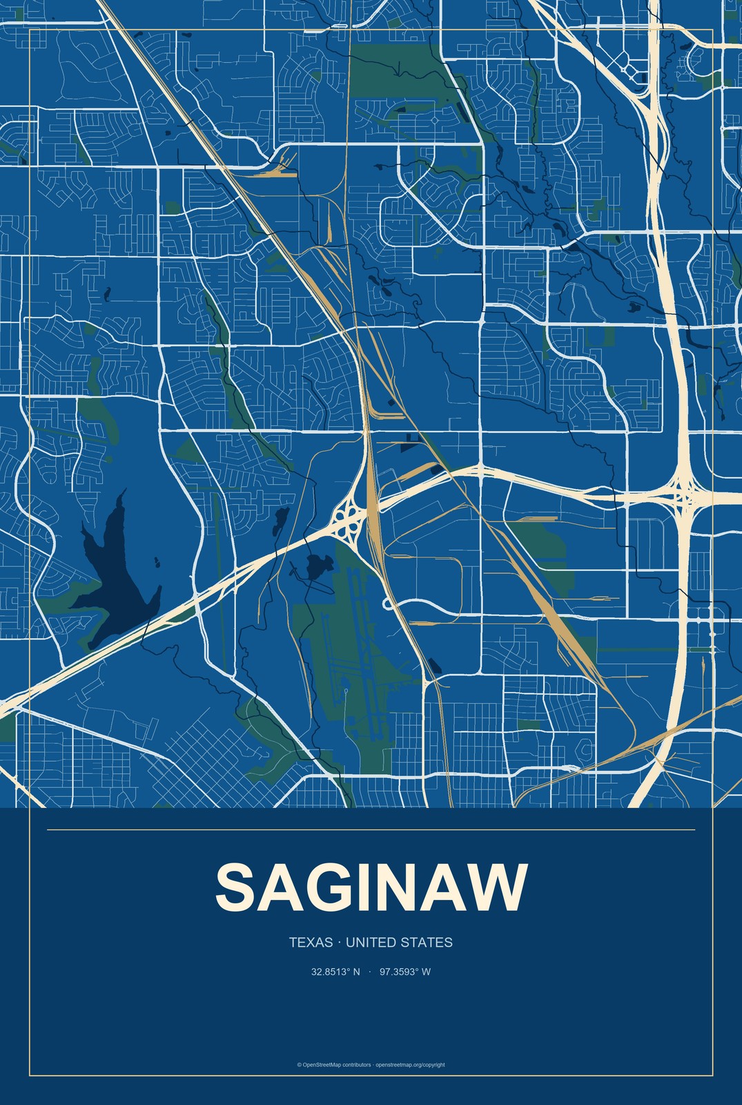 Saginaw, Texas City Map Aluminum Sign in Harbor Cobalt style