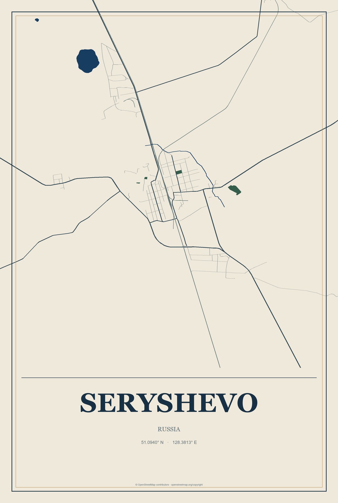 Seryshevo, Russia City Map Aluminum Sign in Coastal Cutout style