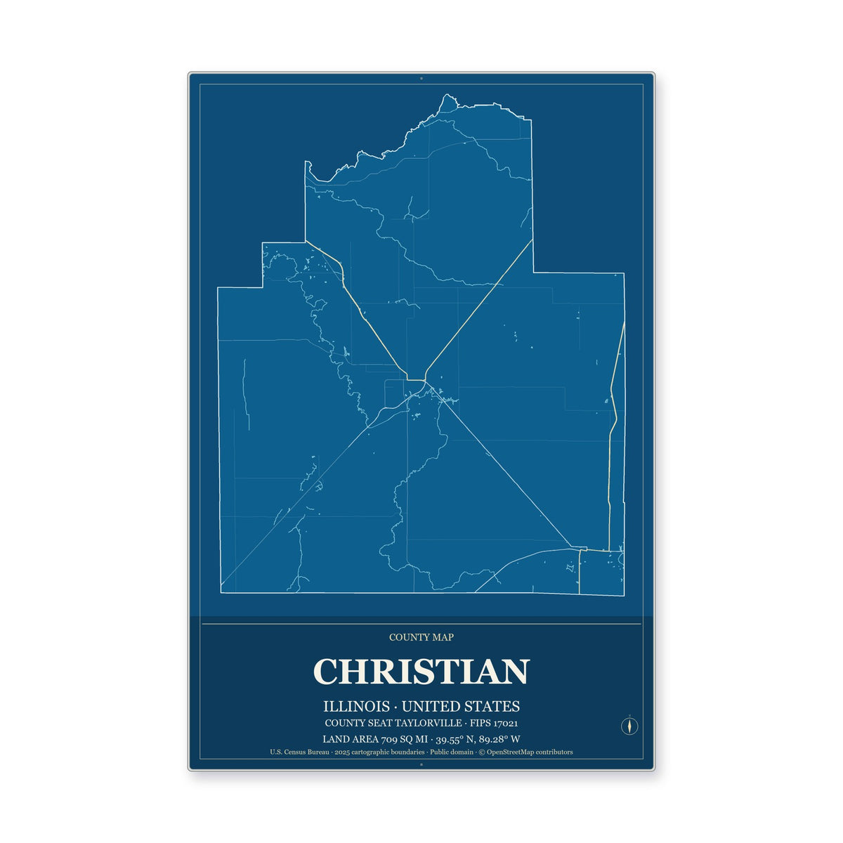 Christian County, Illinois Map Aluminum Sign in Harbor Cobalt style