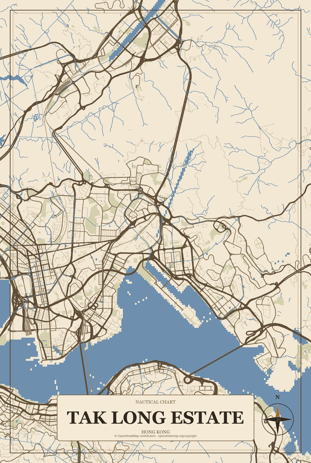 Tak Long Estate, Hong Kong City Map Aluminum Sign in Heritage Nautical style