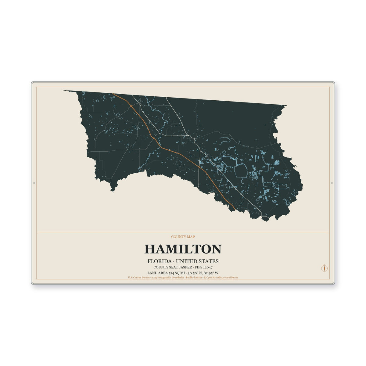 Hamilton County, Florida Map Aluminum Sign in Headline Atlas style