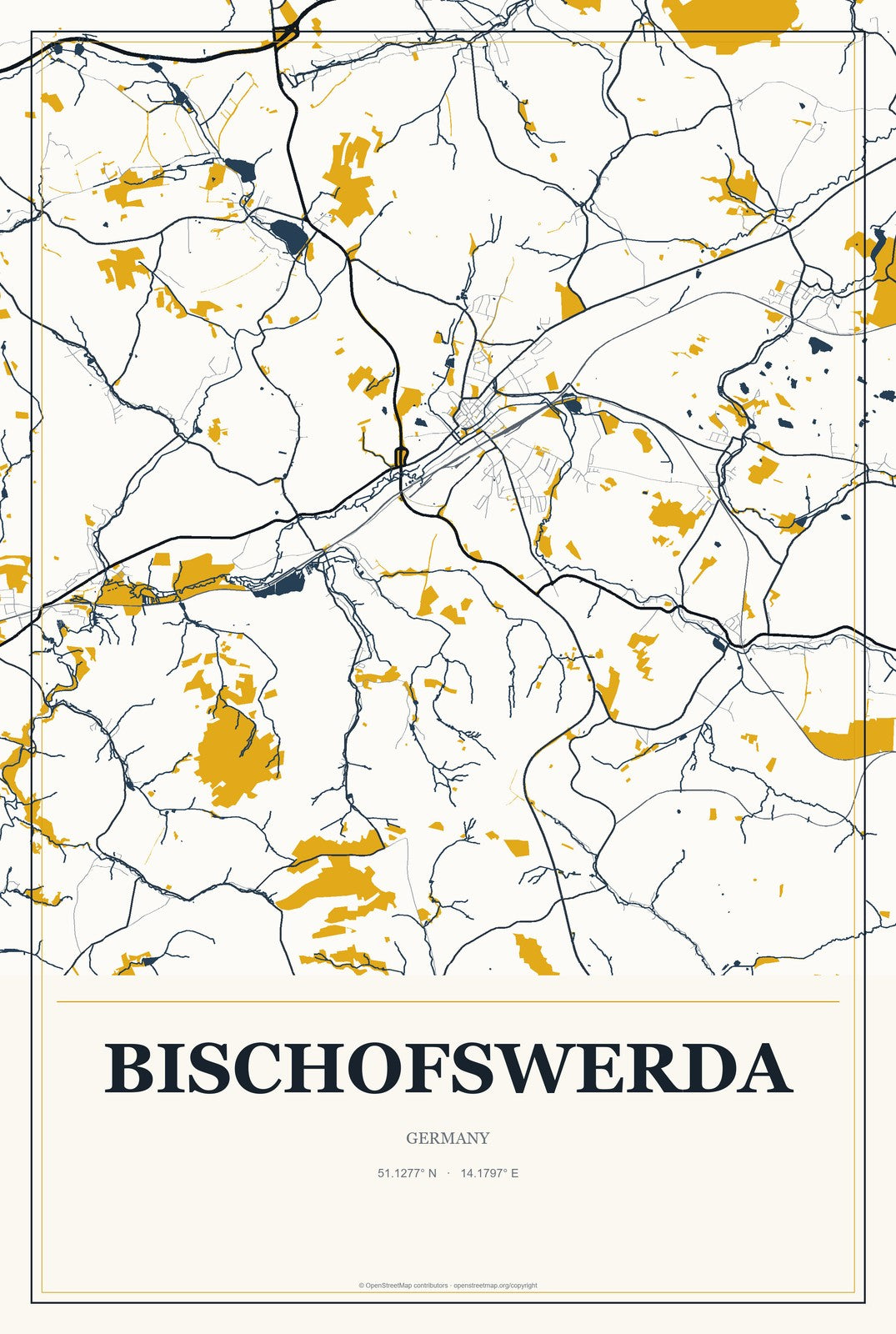 Bischofswerda, Germany City Map Aluminum Sign in Citrine Modern style