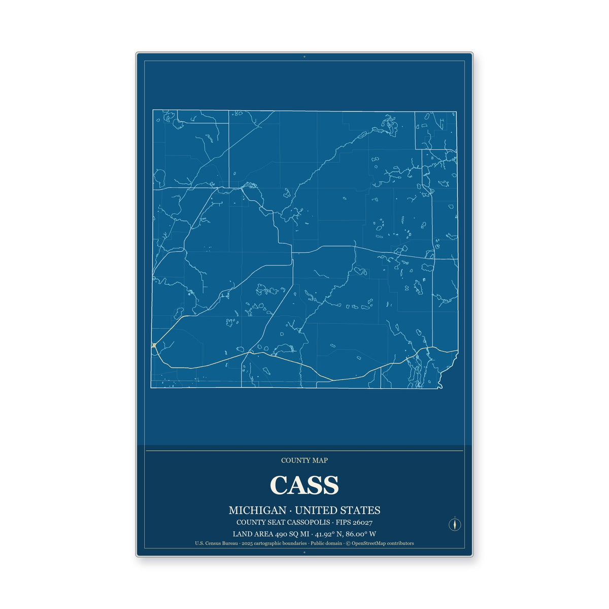 Cass County, Michigan Map Aluminum Sign in Harbor Cobalt style