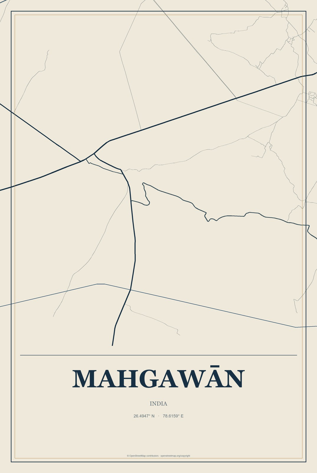 Mahgawān, India City Map Aluminum Sign in Coastal Cutout style