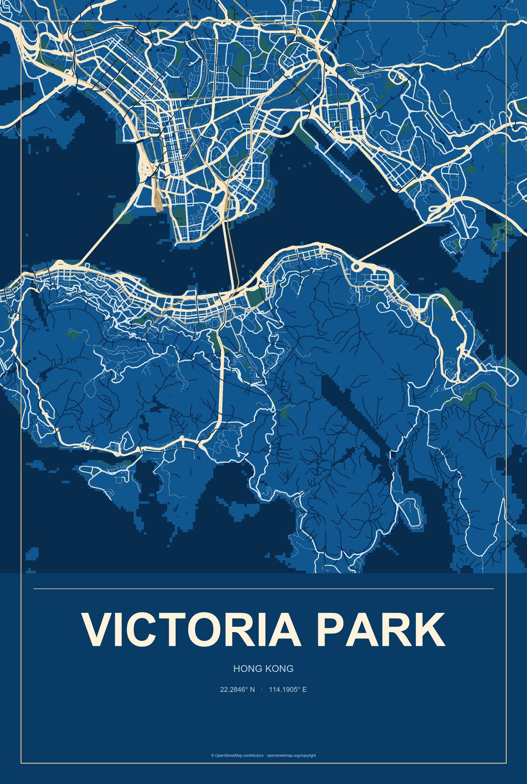 Victoria Park, Hong Kong City Map Aluminum Sign in Harbor Cobalt style