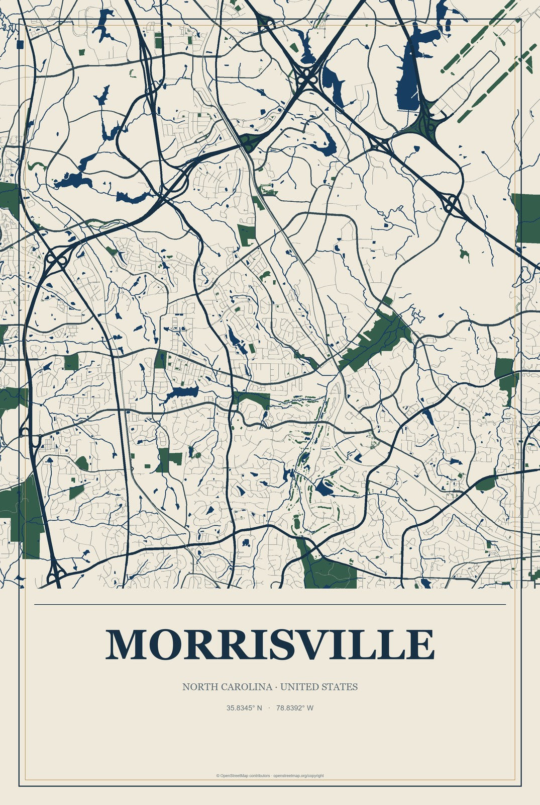 Morrisville, North Carolina City Map Aluminum Sign in Coastal Cutout style