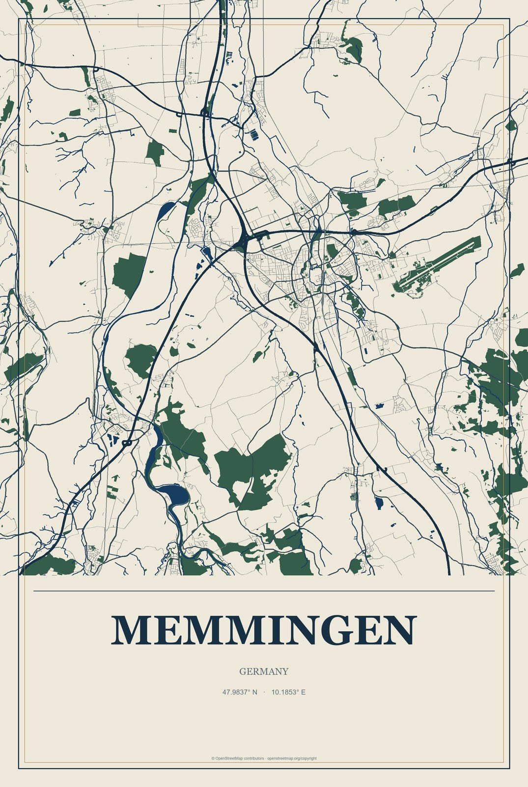 Memmingen, Germany City Map Aluminum Sign in Coastal Cutout style