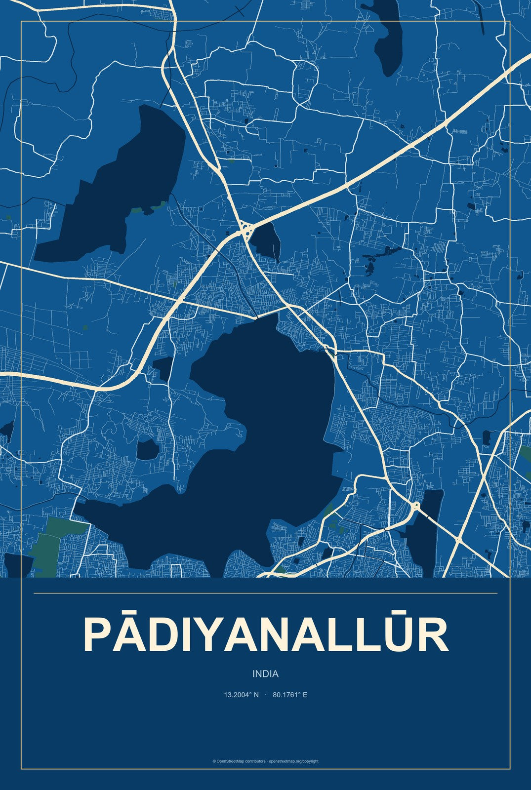Pādiyanallūr, India City Map Aluminum Sign in Harbor Cobalt style
