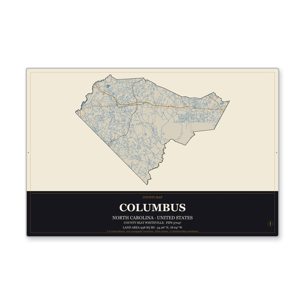 Columbus County, North Carolina Map Aluminum Sign in Museum Plaque style