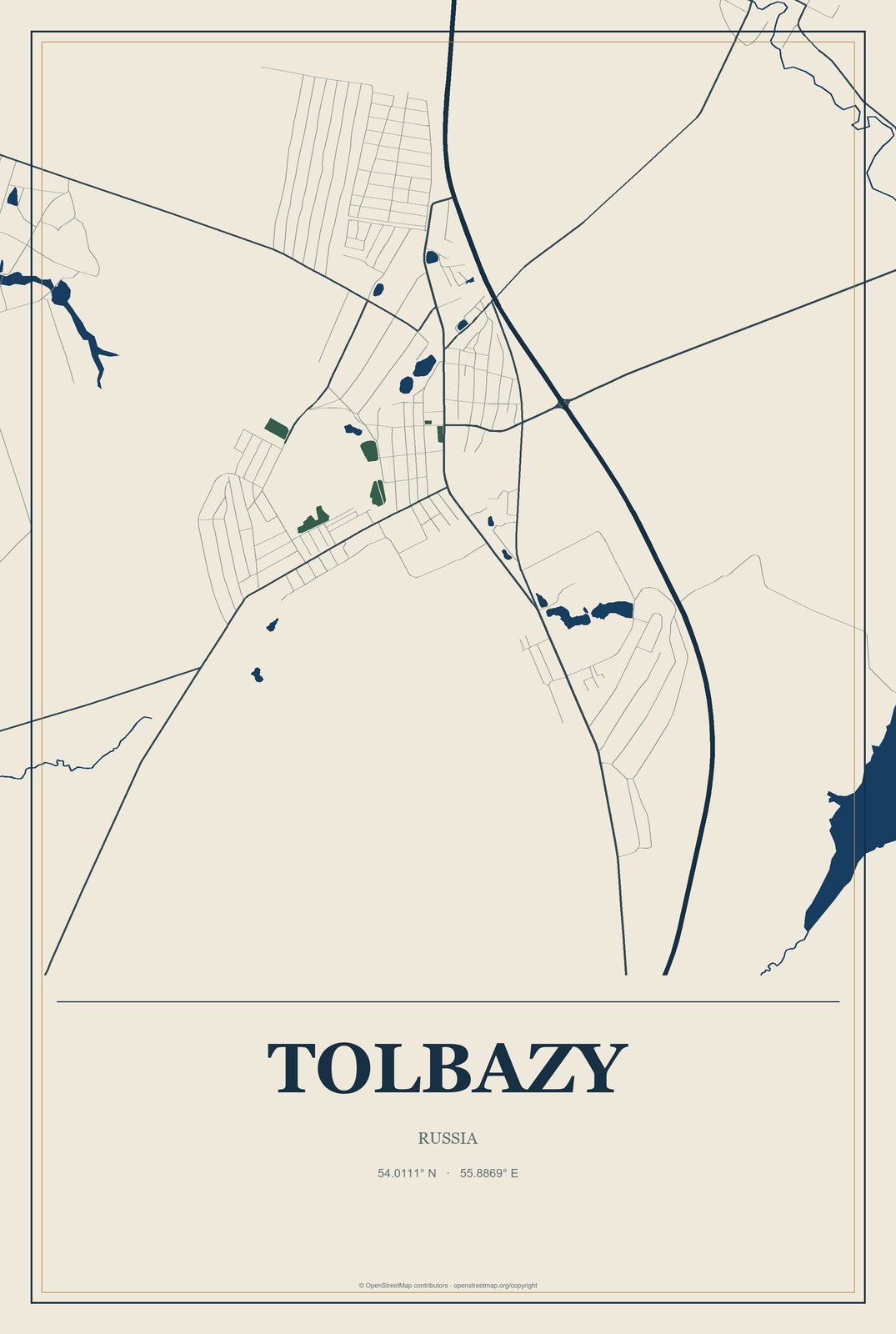 Tolbazy, Russia City Map Aluminum Sign in Coastal Cutout style