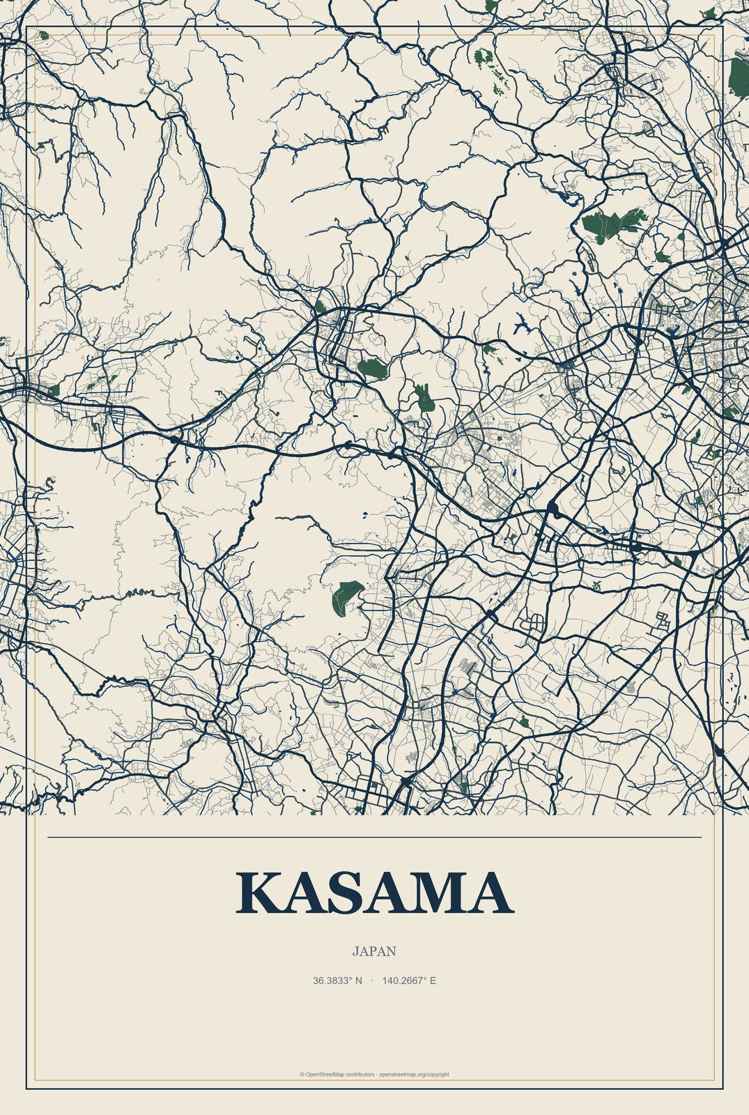 Kasama, Japan City Map Aluminum Sign in Coastal Cutout style