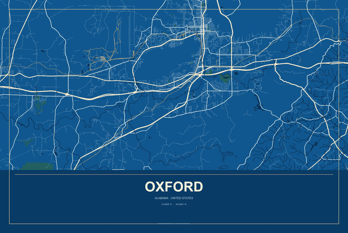 Oxford, Alabama City Map Aluminum Sign in Harbor Cobalt style